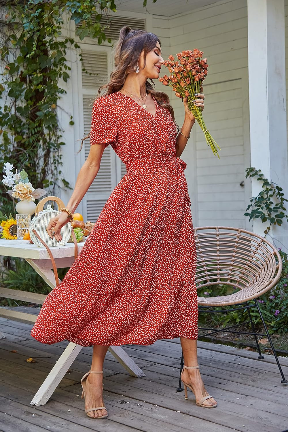 Women'S Summer Floral Boho Maxi Dress Short Sleeve Wrap V Neck Ruffle Long Flowy Beach Wedding Guest Dresses