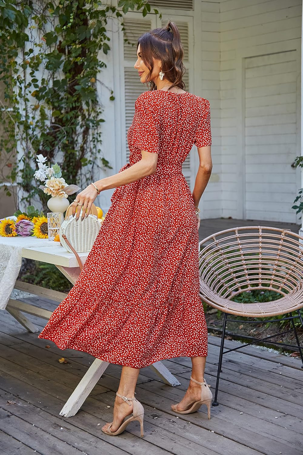 Women'S Summer Floral Boho Maxi Dress Short Sleeve Wrap V Neck Ruffle Long Flowy Beach Wedding Guest Dresses