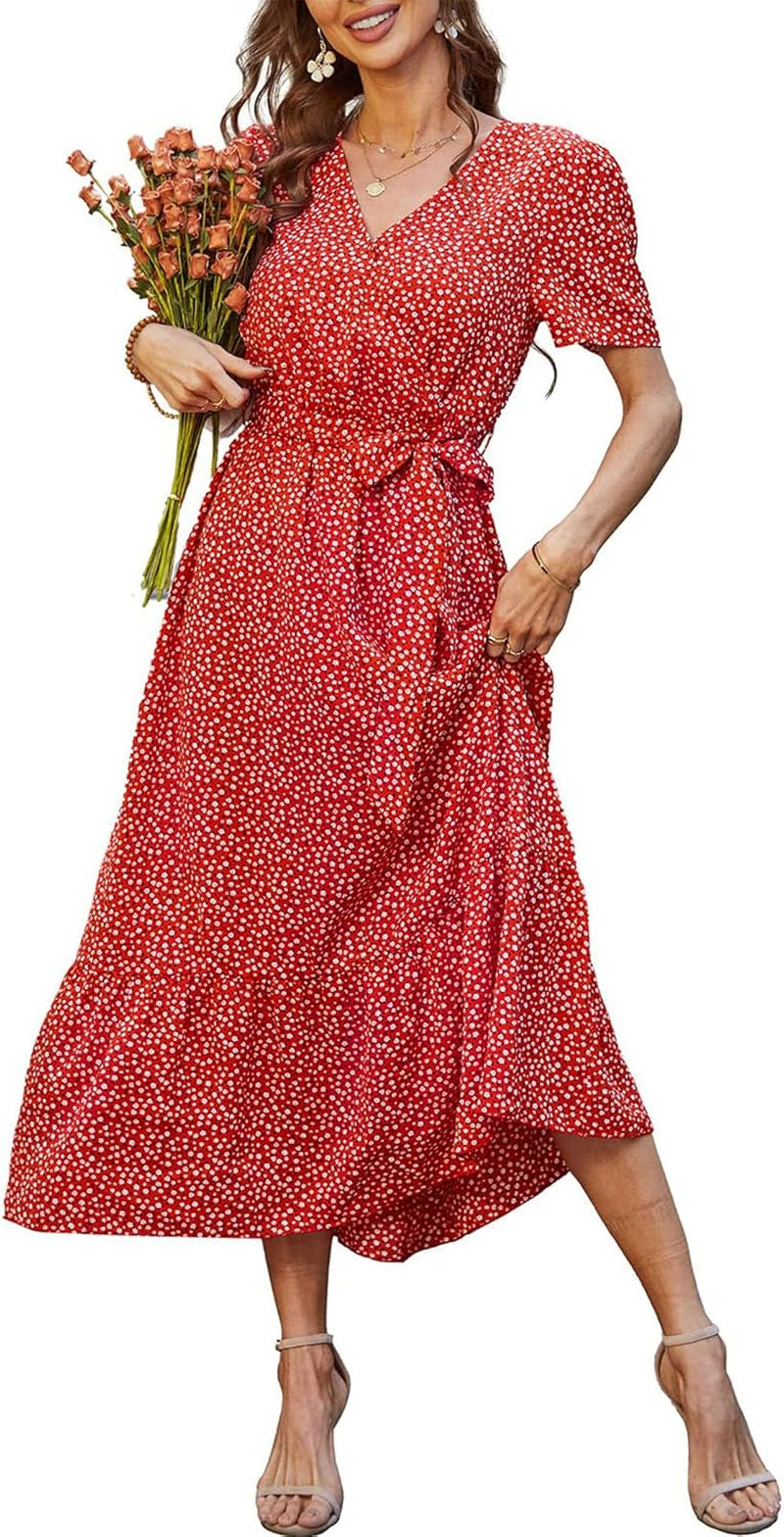 Women'S Summer Floral Boho Maxi Dress Short Sleeve Wrap V Neck Ruffle Long Flowy Beach Wedding Guest Dresses